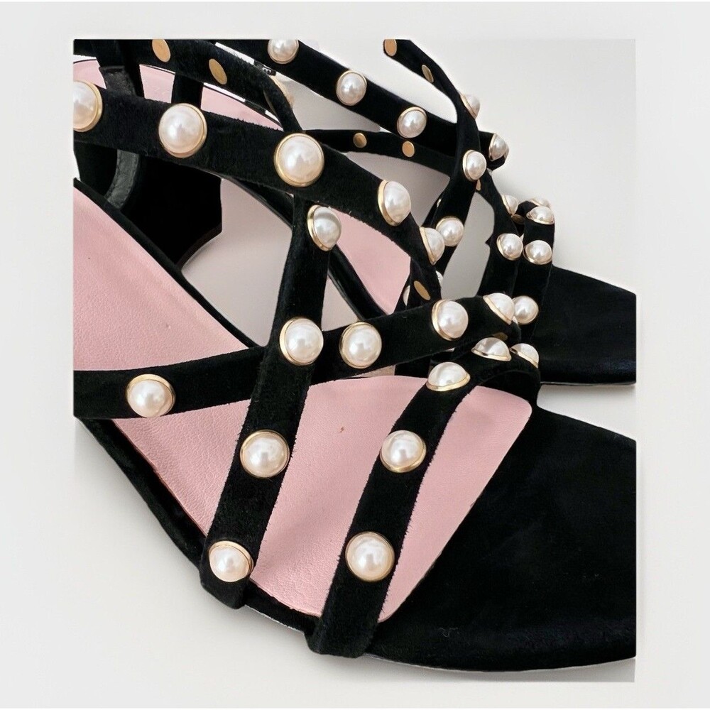 Kate Spade Wynne Black Suede Pearl Embellished Block Heel Sandals Women's Sz 7.5 - Picture 6 of 11